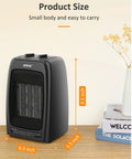 Compact Ceramic Space Heater With 1500W And 900W Modes, Black, on desk, product dimensions 9.3x6.3x5.5 inches, next to decor