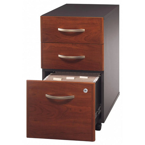 Series C 3 Drawer Rolling File Cabinet In Hansen Cherry Fully Assembled Under Desk Storage With Wheels For Home Office And Small Business Use Built To Last Metal File Cabinet For Easy Access And Neat Organization, open bottom drawer with hanging files