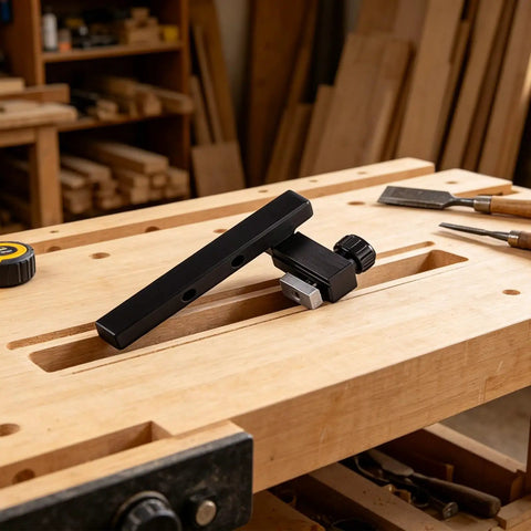 Beefy T Slot Stop Block 80 By 10 Mm With 25 Mm Slider Hand Tightening Fence Stops on a woodworking bench