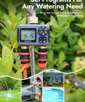 Two Zone Hose Timer with Brass Inlet and Outlet in garden setting with digital display