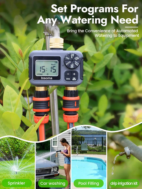 Two Zone Hose Timer with Brass Inlet and Outlet in garden setting with digital display