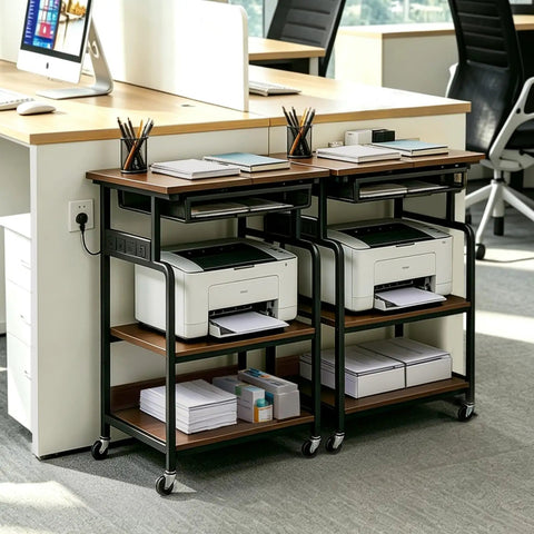 Slick Rolling Three Tier Coffee Station Cart With Built In Power Panel And Roomy Storage Shelf For Mastering Your Daily Grind And Charging Tech Without Hassle in an office setup.