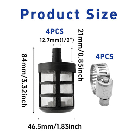 4 Pack Stainless Steel Mesh Hose Filters With Half Inch Barb Fittings And Hose Clamps Heavy Duty Garden Hose Inlet Strainers dimensions