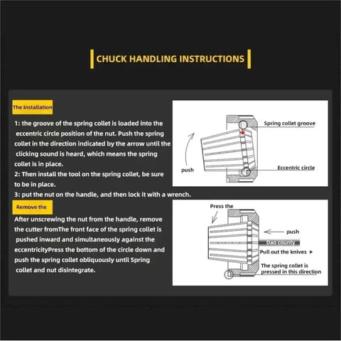 Chuck handling instructions for Heavy Duty Precision ER Collet Set for Machine Tools detailing installation and removal steps.