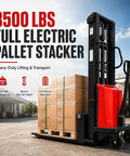 Heavy Duty 1.6 KW Semi Electric Pallet Stacker With 3500 Lb Lift Cap, Big Steel Industrial Material Handler lifting pallets outdoors.