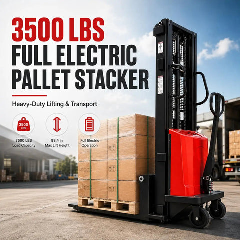 Heavy Duty 1.6 KW Semi Electric Pallet Stacker With 3500 Lb Lift Cap, Big Steel Industrial Material Handler lifting pallets outdoors.