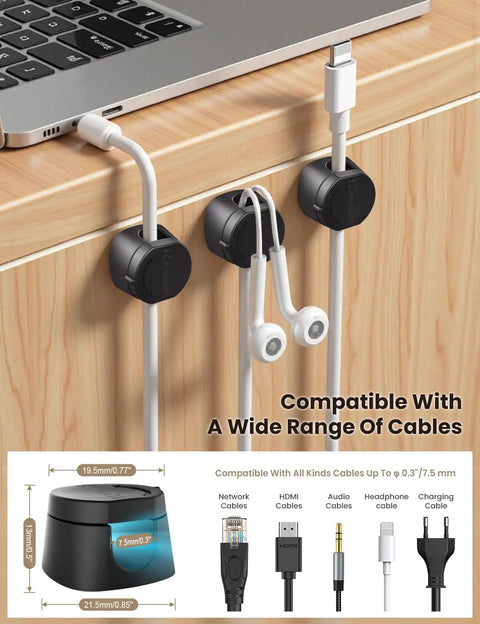 360 Degree Magnetic Cable Clips for Desk and Car, Tangle Free Self Adhesive Cord Organizer installed on wooden desk