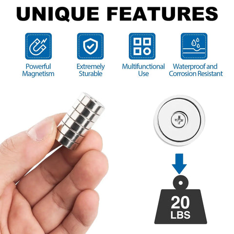 Heavy Duty Badass Neodymium Ultra Rare Earth Cup Magnets With Steel Caps 20 Pound Pull Force Per Piece Total Beast 12 Pack shown in hand with waterproof features.