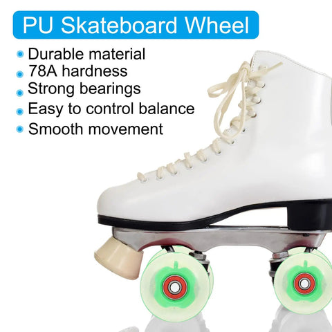 White roller skate with Light Up Skateboard Wheels 60x45mm 4 Pack With Bearings 78A PU for outdoor night rides glowing green.