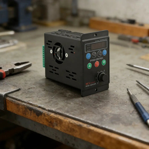 Pro Grade VFD Variable Frequency Drive For Converting Single Phase 220V To Three Phase 220V Wide 80 To 280V Input Range V F Control 0 To 100 Hz Digital Display Overvoltage And Overcurrent Protection. Black metal VFD on workbench