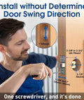 Man installing touchscreen smart lock with no key needed entry, digital deadbolt, auto lock, using screwdriver, no door swing required.