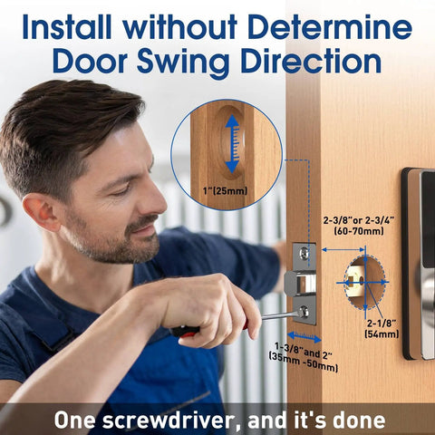 Man installing touchscreen smart lock with no key needed entry, digital deadbolt, auto lock, using screwdriver, no door swing required.