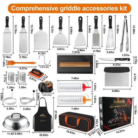 42 Piece Griddle Accessories Kit For Blackstone And Camp Chef Pro Flat Top Grilling Tools Set with enlarged spatulas and carry bag