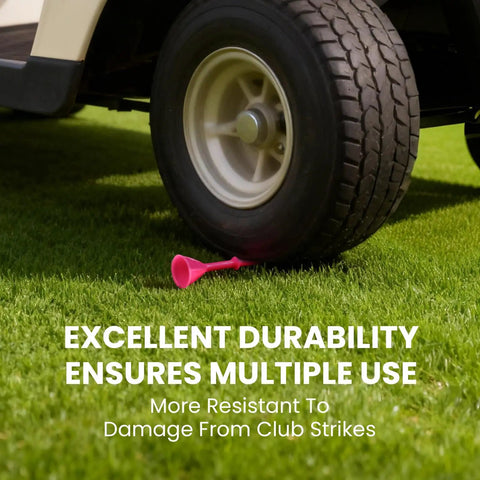 Unbreakable Plastic Golf Tees Three And One Quarter Inch Durable Stable Tee Set crushed by cart tire on grass