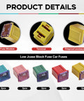 10 Piece Mini Fuse Assortment Kit With Low Profile Blades For Trucks Cars And Rv Whips Hella Reliable 20A To 60A Electrical Protection showing colorful fuse types and features.