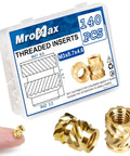 M3 Heat Set Threaded Inserts For Plastic, Brass Knurled Nuts, M3 X 5.7 X 4.6mm, shown in 140pcs pack with close-up of insert on finger