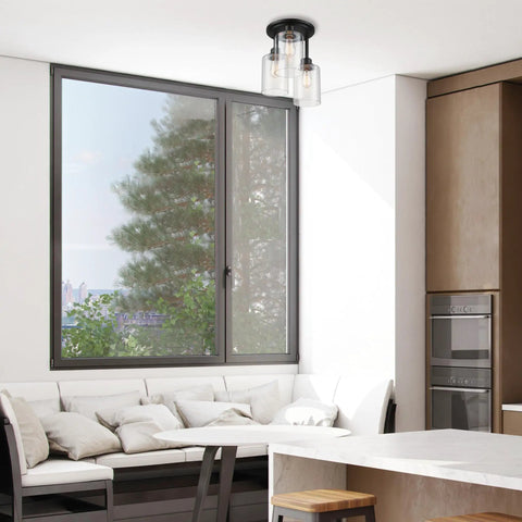 Three Light Industrial Tiered Matte Black Flush Mount Ceiling Light with Clear Glass Shade in kitchen
