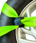 Close-up of Eight Point Vehicle Tie Down Kit With Snap Hook Ends And Chain Tail On Ratchet Ends Set Of Four Reflective High Viz Neon Webbing
