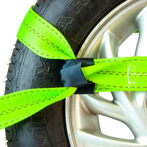 Close-up of Eight Point Vehicle Tie Down Kit With Snap Hook Ends And Chain Tail On Ratchet Ends Set Of Four Reflective High Viz Neon Webbing
