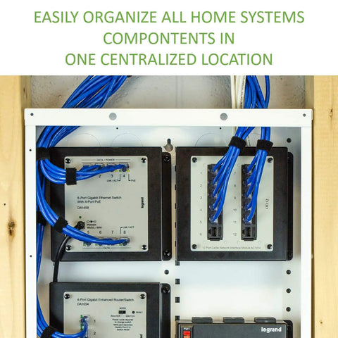 Inside view of 28 Inch Structured Media Enclosure with wired components, demonstrating clean wiring and organizational features.