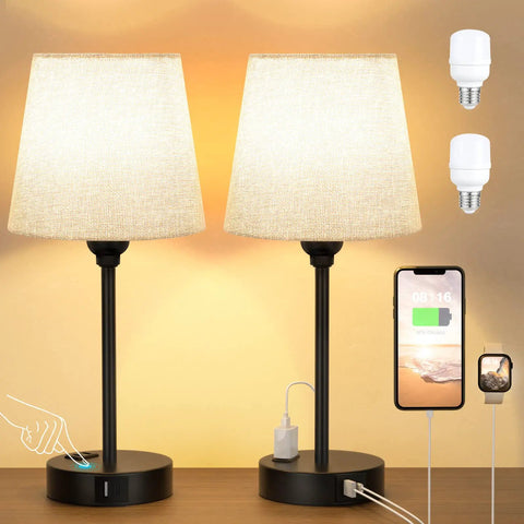 Set of Two Grey Bedside Lamps With USB C Port And AC Outlet 3 Way Dimmable Touch Control Nightstand Lamps For Bedroom Kids Room And Guest Room Built In Dual Charging Station To Power Six Devices