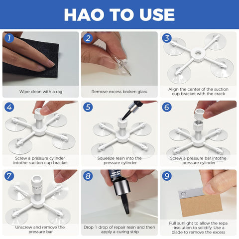 Step-by-step instructions for using Windshield Chip Repair Kit 2 Pack With Fast Cure Resin for quick DIY chip repair.