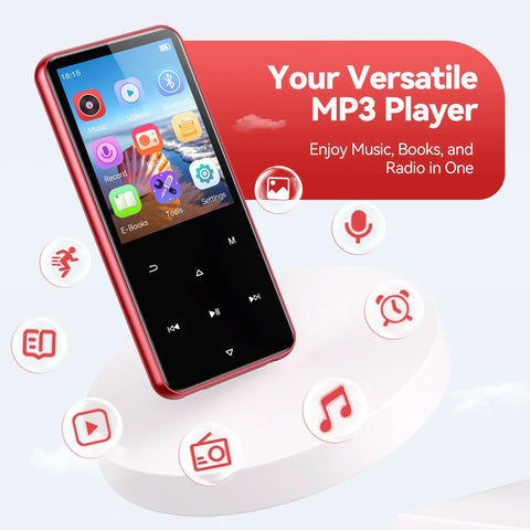 64GB MP3 Player With Bluetooth And Built In Speaker M3 2.4 Inch Portable Music Player with app icons on screen, red color.