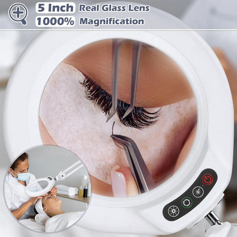 Magnifying Glass With Light And Stand For Salon Esthetics On A Rolling Floor Lamp Base With Five Color Modes And Stepless Dimming