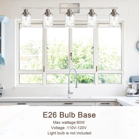 5-Light Black Vanity Light Over Mirror, Contemporary Industrial Wall Lamp With Clear Hammered Glass Shades above kitchen sink.