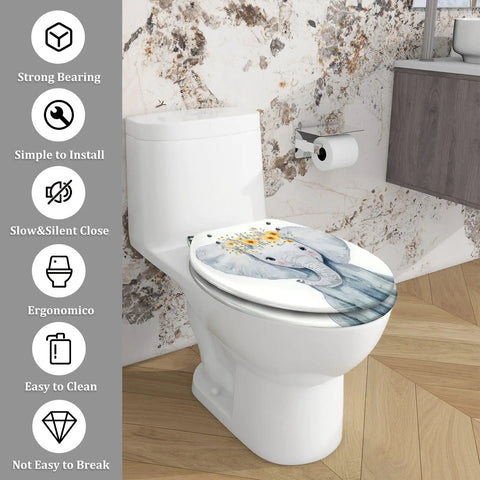 Elongated Toilet Seat for Bathroom with elephant design, measuring 14.5" x 18.5", easy to install and clean.