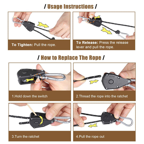 Instructions for using One Eighth Inch Adjustable Rope Hanger Kit With Four 12 Foot Reflective Tie Down Ropes Ratchet Straps