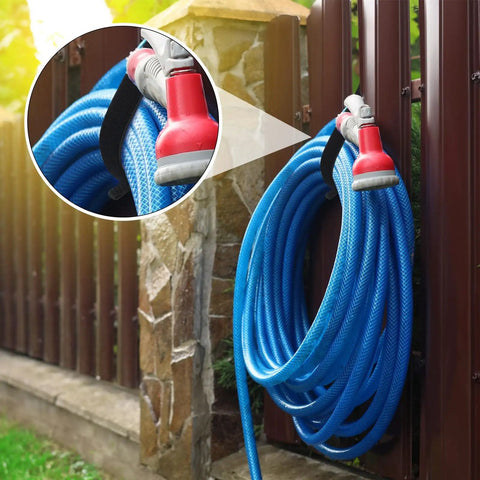48-Piece Heavy Duty Extension Cord Organizer Set For Workshop Garage And RV Wall Mounts holding a blue hose
