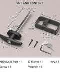 Built Like A Tank Outdoor Slide Bolt Latch, 5.5 Inch Shed Door Lock Set, parts and dimensions displayed on a flat surface.