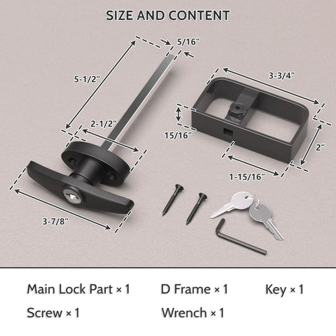Built Like A Tank Outdoor Slide Bolt Latch, 5.5 Inch Shed Door Lock Set, parts and dimensions displayed on a flat surface.