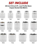 Three Eighths Inch Drive Stubby Socket Set, 14 Piece Six Point Metric Sockets With Mirror Chrome Finish, sizes 6 to 19mm