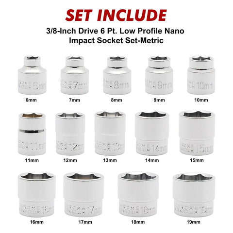 Three Eighths Inch Drive Stubby Socket Set, 14 Piece Six Point Metric Sockets With Mirror Chrome Finish, sizes 6 to 19mm