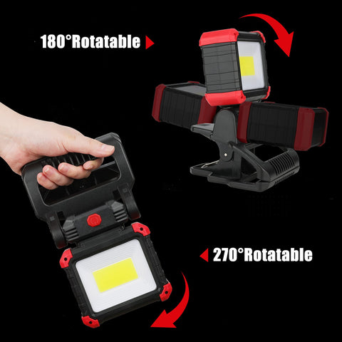 Go-To Rechargeable LED Clamp Work Light, 2100 Lumens, Magnetic Clip-On, 270 Degree Rotating Beam, shown in two configurations