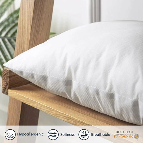 Premium Outdoor Pillow Inserts Pack Of 2 Square 18 By 18 Inches Water Resistant Polyester close-up on shelf