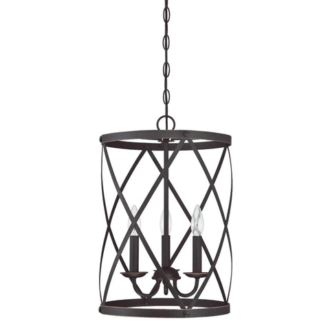 Isadora Three Light Industrial Style Indoor Chandelier in brushed nickel with 36 inch chain and 60 inch cord, lattice cage design.