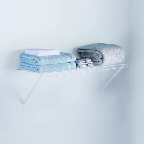 Three Foot Wide Wire Wall Shelf System With Mounting Hardware White Space Saving Organizer holding towels and blanket