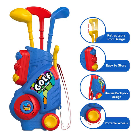 Toddler Golf Set With Putting Mat For 2 3 4 Year Olds Upgraded Kids Golf Cart With Shoulder Strap and colorful clubs.