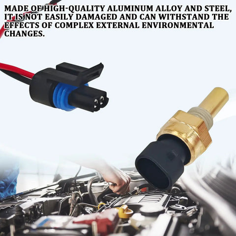 Plug And Play Engine Coolant Temperature Sensor With Pigtail Connector Harness For Chevy Gmc Buick Cadillac Saturn close-up view of aluminum housing.