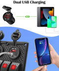 Red 8 Gang Rocker Switch Panel With LED Illumination Waterproof Digital Voltage Display Dual USB Ports shows phone charging