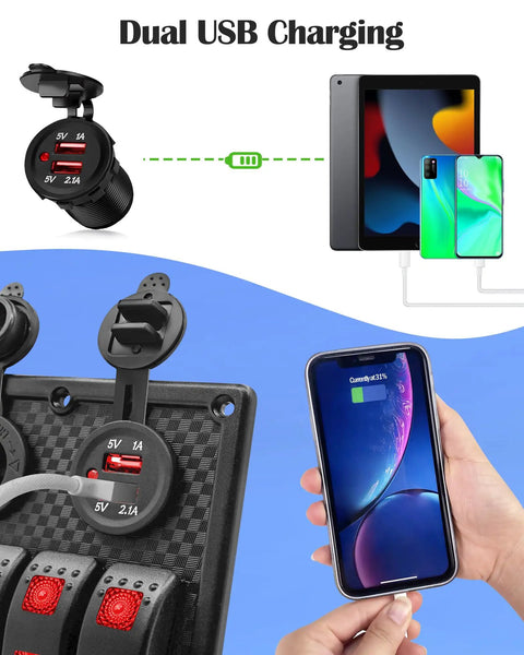 Red 8 Gang Rocker Switch Panel With LED Illumination Waterproof Digital Voltage Display Dual USB Ports shows phone charging