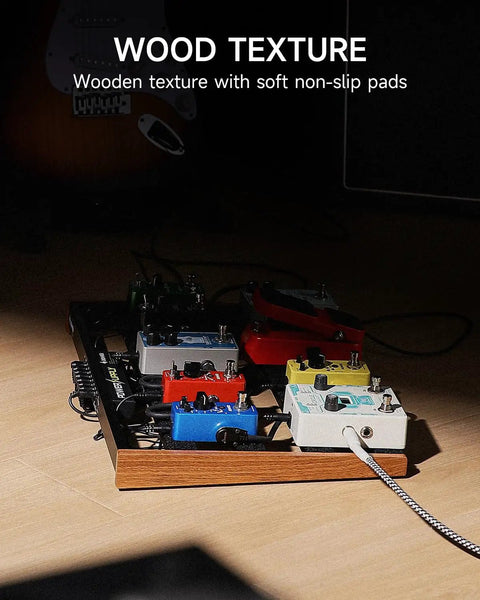 Guitar Pedalboard With Built In Power Supply, Rugged Aluminum Alloy Effects Board For Pros, Wood Texture, Pedals Attached