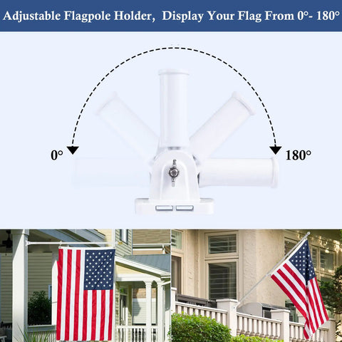 Heavy Duty Aluminum Flag Pole Holder With No Sweat Setup, Adjustable Outdoor Mounting Bracket That Stays Put, Rust Free And Built Tough, Securely Fits Standard One Inch Wooden Poles, Crisp White Finish - Adjustable angle from 0 to 180 degrees.