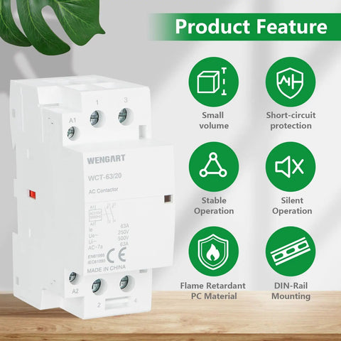 Built Like A Tank 63A AC Contactor With 2 Pole 2NO Layout And 120V Coil DIN Rail Mount Magnetic Switch close-up view.