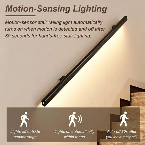 Ultra Smooth Body Sensing Lighted Stair Handrail For Indoor Steps Wall Mounted Safety Rail With Sleek Black Powder Coat, motion-sensing feature