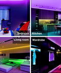 RGB Color Changing LED Strip Lights 20 Foot With Remote Control 5050 SMD LEDs 24V Dimmer shown in bedroom, kitchen, living room, wardrobe settings