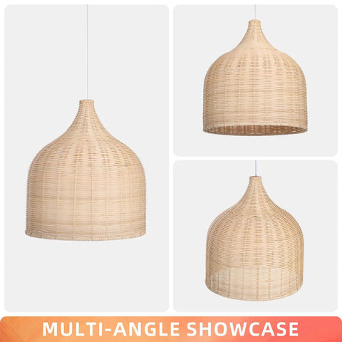 Natural Rattan Woven Pendant Light 13.78 Inch Handmade Ceiling Fixture For Kitchen Island Dining Room Hallway Foyer Dome Shade